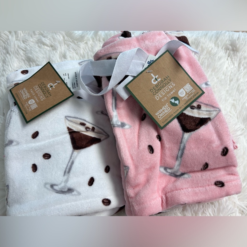 4pc Espresso Martini Glass Coffee Bean Cocktail Velour Bath Hand Tip Towel Set